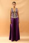 Buy Gopi Vaid Purple Tussar V-neck Embroidered Vest And Panel Pant Set Online at Aza Fashions Buy_Gopi Vaid_Purple Tussar V-neck Embroidered Vest And Panel Pant Set _Online_at_Aza_Fashions
