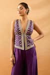 Gopi Vaid Purple Tussar V-neck Embroidered Vest And Panel Pant Set at Aza Fashions Gopi Vaid_Purple Tussar V-neck Embroidered Vest And Panel Pant Set _at_Aza_Fashions