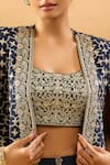 Buy Gopi Vaid Beige Tussar Zari, Sequins, Embroidery Square Neck, Blouse, Jacket And Palazzo Set Buy_Gopi Vaid_Beige Tussar Zari, Sequins, Embroidery Square Neck, Blouse, Jacket And Palazzo Set
