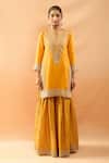 Buy_Gopi Vaid_Mustard Tussar, Organza Embroidery, Zari, Sequins Kurta And Brocade Sharara Set _Online_at_Aza_Fashions