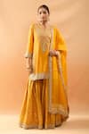 Buy_Gopi Vaid_Mustard Tussar, Organza Embroidery, Zari, Sequins Kurta And Brocade Sharara Set _at_Aza_Fashions