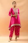 Gopi Vaid_Pink Tussar Embroidery, Zari V-neck Asymmetric Kurta And Farshi Salwar _Online_at_Aza_Fashions