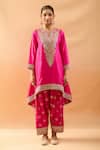 Shop_Gopi Vaid_Pink Tussar Embroidery, Zari V-neck Asymmetric Kurta And Farshi Salwar _Online_at_Aza_Fashions