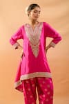 Gopi Vaid_Pink Tussar Embroidery, Zari V-neck Asymmetric Kurta And Farshi Salwar _at_Aza_Fashions