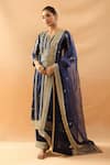 Shop_Gopi Vaid_Blue Tussar, Linen, Organza Zari, Embroidery Split Kurta Palazzo Dupatta Set _Online_at_Aza_Fashions