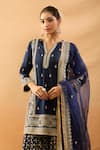 Gopi Vaid_Blue Tussar, Organza Embroidery, Zari, Sequins Split Kurta Sharara And Dupatta Set _Online_at_Aza_Fashions