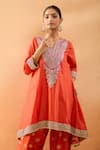 Shop Gopi Vaid Orange Tussar Embroidery, Gota Patti V-neck Kurta And Farshi Salwar Set Online at Aza Fashions Shop_Gopi Vaid_Orange Tussar Embroidery, Gota Patti V-neck Kurta And Farshi Salwar Set _Online_at_Aza_Fashions