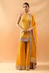 Buy Gopi Vaid Mustard Tussar, Organza Embroidery, Zari, Sequins Halter Kurta And Sharara Set at Aza Fashions Buy_Gopi Vaid_Mustard Tussar, Organza Embroidery, Zari, Sequins Halter Kurta And Sharara Set _at_Aza_Fashions