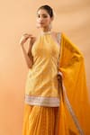 Gopi Vaid Mustard Tussar, Organza Embroidery, Zari, Sequins Halter Kurta And Sharara Set at Aza Fashions Gopi Vaid_Mustard Tussar, Organza Embroidery, Zari, Sequins Halter Kurta And Sharara Set _at_Aza_Fashions