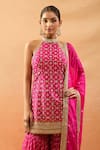 Gopi Vaid_Pink Tussar, Organza Embroidery, Zari, Gota Patti Geometric Kurta Sharara Set _Online_at_Aza_Fashions