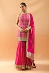 Buy_Gopi Vaid_Pink Tussar, Organza Embroidery, Zari, Gota Patti Geometric Kurta Sharara Set _at_Aza_Fashions