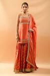 Buy_Gopi Vaid_Orange Tussar, Organza Embroidery, Zari, Gota Patti Round Kurta And Sharara Set _at_Aza_Fashions