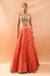 Gopi Vaid_Orange Tussar, Organza Embroidery, Zari V-neck Lehenga Set With Jacket _Online_at_Aza_Fashions