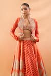 Buy_Gopi Vaid_Orange Tussar, Organza Embroidery, Zari V-neck Lehenga Set With Jacket 