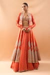 Buy_Gopi Vaid_Orange Tussar, Organza Embroidery, Zari V-neck Lehenga Set With Jacket _at_Aza_Fashions