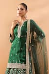 Gopi Vaid_Green Tussar, Organza Embroidery, Stones, Zari Split V-neck Kurta Lehenga Set _Online_at_Aza_Fashions