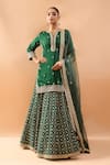 Buy_Gopi Vaid_Green Tussar, Organza Embroidery, Stones, Zari Split V-neck Kurta Lehenga Set _at_Aza_Fashions