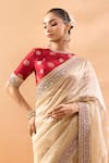 Gopi Vaid_Ivory Organza, Tissue, Tussar Embroidery, Zari Round Neck Saree And Blouse _Online_at_Aza_Fashions