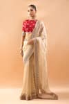 Buy_Gopi Vaid_Ivory Organza, Tissue, Tussar Embroidery, Zari Round Neck Saree And Blouse _Online_at_Aza_Fashions