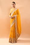 Buy_Gopi Vaid_Mustard Georgette, Tussar Zari, Embroidery Round Tiered Saree And Padded Blouse _Online_at_Aza_Fashions