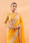 Shop_Gopi Vaid_Mustard Georgette, Tussar Zari, Embroidery Round Tiered Saree And Padded Blouse _Online_at_Aza_Fashions