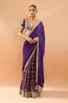 Buy_Gopi Vaid_Purple Georgette, Tussar Embroidery, Zari V-neck Saree With Padded Blouse _at_Aza_Fashions