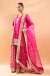 Gopi Vaid_Fuchsia Tussar, Organza Embroidery, Zari Split V-neck Kurta Sharara Set _Online_at_Aza_Fashions