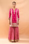 Shop_Gopi Vaid_Fuchsia Tussar, Organza Embroidery, Zari Split V-neck Kurta Sharara Set _Online_at_Aza_Fashions