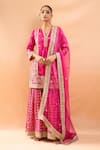 Buy_Gopi Vaid_Fuchsia Tussar, Organza Embroidery, Zari Split V-neck Kurta Sharara Set _at_Aza_Fashions