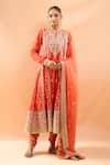Buy_Gopi Vaid_Orange Tussar, Brocade, Organza Embroidery, Zari Anarkali Churidar And Dupatta Set _at_Aza_Fashions