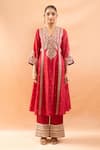Buy_Gopi Vaid_Red Tussar, Linen, Satin, Organza Embroidery, Zari, Kurta Palazzo And Dupatta Set _Online_at_Aza_Fashions