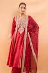 Gopi Vaid_Red Tussar, Linen, Satin, Organza Embroidery, Zari, Kurta Palazzo And Dupatta Set _at_Aza_Fashions