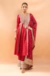 Buy_Gopi Vaid_Red Tussar, Linen, Satin, Organza Embroidery, Zari, Kurta Palazzo And Dupatta Set _at_Aza_Fashions