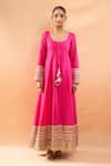 Shop_Gopi Vaid_Fuchsia Tussar, Linen, Satin, Organza Embroidery, Anarkali Palazzo And Dupatta Set _Online_at_Aza_Fashions