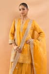 Gopi Vaid Mustard Tussar, Organza Embroidery, Zari Split Kurta Sharara And Dupatta Set at Aza Fashions Gopi Vaid_Mustard Tussar, Organza Embroidery, Zari Split Kurta Sharara And Dupatta Set _at_Aza_Fashions