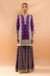 Gopi Vaid_Purple Tussar, Organza Embroidery, Zari V-neck Kurta And Sharara Set _Online_at_Aza_Fashions