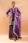Buy_Gopi Vaid_Purple Tussar, Organza Embroidery, Zari V-neck Kurta And Sharara Set _at_Aza_Fashions