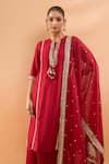 Shop_Gopi Vaid_Red Tussar, Linen, Satin, Organza Embroidery, Zari, Gota Kurta And Palazzo Set _Online_at_Aza_Fashions