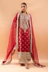 Buy_Gopi Vaid_Red Tussar, Organza Embroidery, Zari Split V-neck Kurta Palazzo Set _Online_at_Aza_Fashions