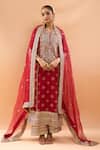 Buy_Gopi Vaid_Red Tussar, Organza Embroidery, Zari Split V-neck Kurta Palazzo Set _at_Aza_Fashions