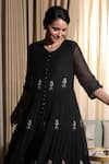 Summer By Priyanka Gupta_Black Chanderi Embroidery V-neck Tier Mul Dress _Online_at_Aza_Fashions
