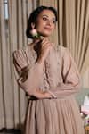 Summer By Priyanka Gupta_Beige Chanderi Embroidery Round Neck Noor E Bow Mul Dress _Online_at_Aza_Fashions