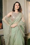 Buy_Summer By Priyanka Gupta_Green Organza Embroidery, Mirrors, Zari Round Neck Sitara Saree With Blouse _Online_at_Aza_Fashions