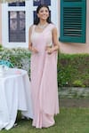 Buy_Summer By Priyanka Gupta_Pink Chiffon Beads, Sequins, Embroidery Scoop Stardust Draped Saree With Blouse _at_Aza_Fashions