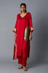 Buy_Vasstram_Red Modal, Satin, Silk Zari, Applique V-neck Rangoli Kaftan With Pant _at_Aza_Fashions