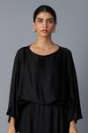 Vasstram_Black Modal, Satin Round Neck Solid Batwing Sleeve Dress _Online_at_Aza_Fashions