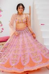 Buy_Tuhina Srivastava_Peach Silk Organza, Net, Tulle Embroidery, Sequins Floral Lehenga Blouse Set 
