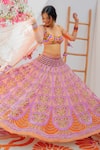 Tuhina Srivastava_Peach Silk Organza, Net, Tulle Embroidery, Sequins Floral Lehenga Blouse Set _Online