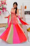 Shop_Tuhina Srivastava_Pink Tulle, Silk, Chinon, Chiffon Embroidery Tartan Kurta And Panelled Skirt Set _Online_at_Aza_Fashions