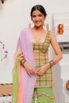 Tuhina Srivastava_Green Tulle, Silk, Chinon, Chiffon Embroidery Square Tartan Kurta Sharara Set _Online_at_Aza_Fashions